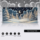 A serene and whimsical winter forest scene with layered paper-cutout aesthetics, featuring frosted evergreen trees in soft white and pale blue hues. Rolling snow-covered hills with smooth curves form the foreground, leading to a dreamy starry sky. The night sky is filled with swirling patterns, crescent moons, and scattered snowflakes, creating a magical atmosphere. Birds fly peacefully across the scene, adding a touch of life. The overall composition is enchanting and kawaii-inspired, blending intricate de