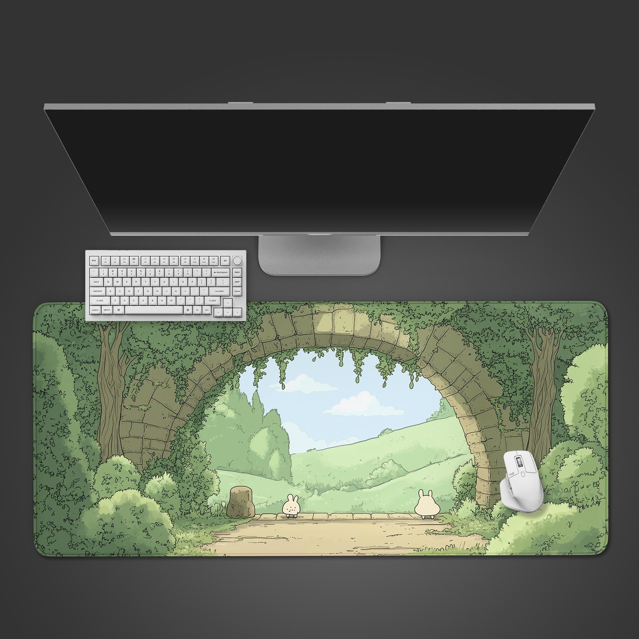 Cute forest Mousepad Kawaii Desk mat, Anime landscape aesthetics desk mat xl, manga studio kawai bear and bunny nature, green mouse pad