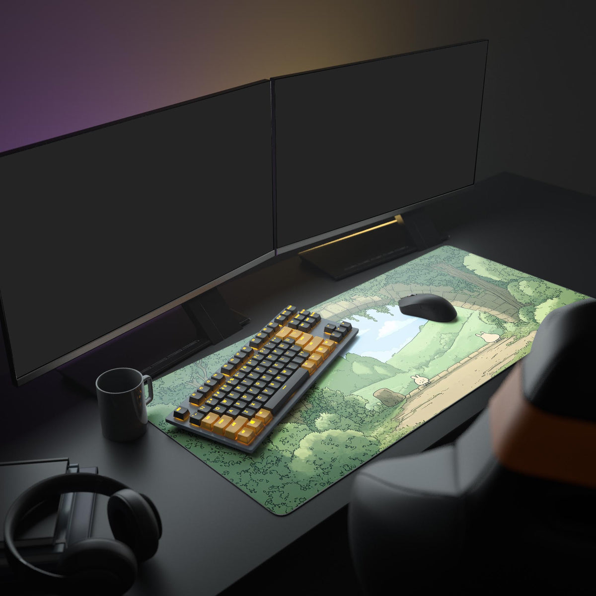 Cute Forest Kawaii Desk Pad in a dark gaming setup with a mechanical keyboard, a mouse and headphones