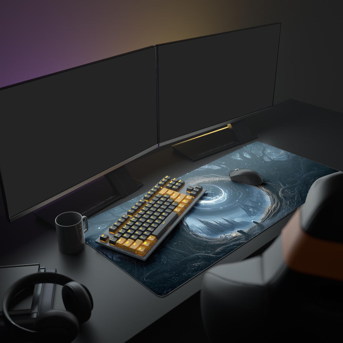 End Of Time Apocalyptic Portal Desk Pad in a dark gaming setup with a mechanical keyboard, a mouse and headphones