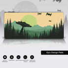 A minimalist Star Wars-inspired landscape featuring a dense forest with tall evergreen trees, silhouetted against a backdrop of distant mountains and a large green sun. A crashed starship lies tilted among the trees, with antennas and satellite dishes extending skyward. In the sky, three sleek, futuristic drones or starfighters hover, adding a sense of mystery and action. The art style is clean, flat, and geometric, with a warm earthy palette of greens, browns, and yellows, evoking a serene yet otherworldly