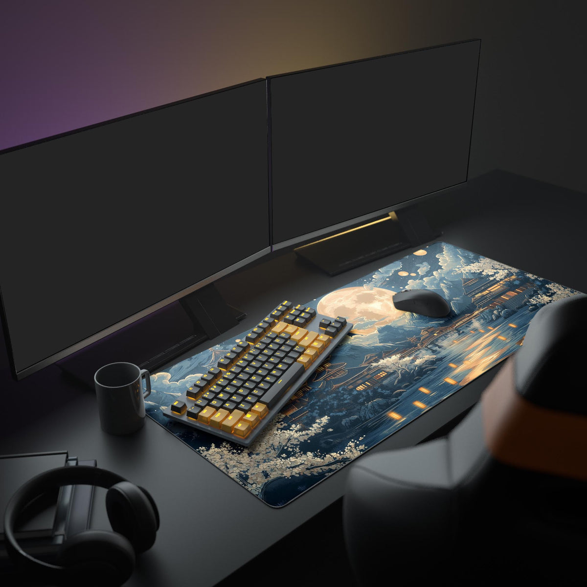 Full Moon desk mat in a dark gaming setup with a mechanical keyboard, a mouse and headphones