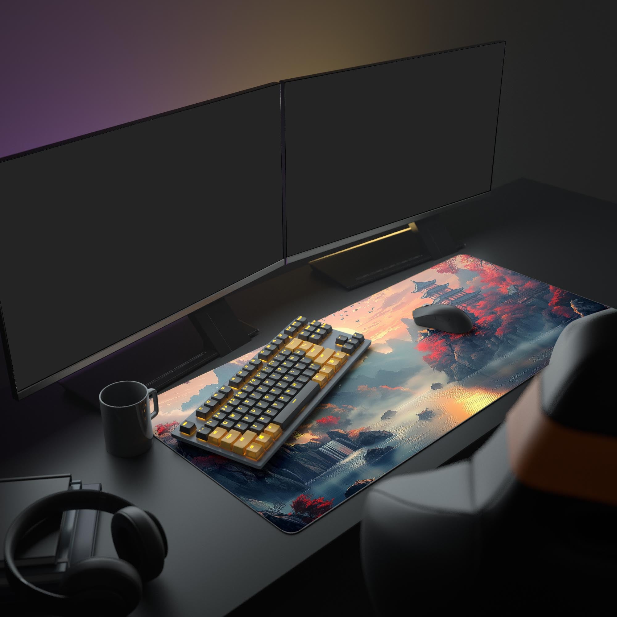Japanese Sunset Desk Mat, Serene Pagoda Desk Pad, Scenic Landscape