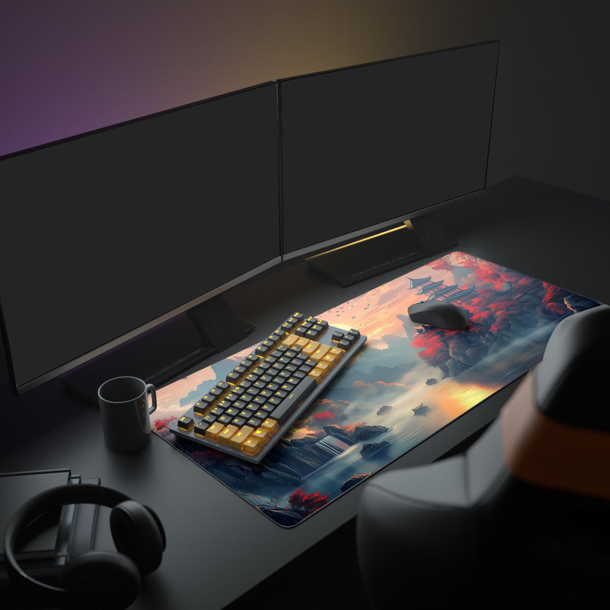 Japanese Sunset Desk Pad in a dark gaming setup with a mechanical keyboard, a mouse and headphones