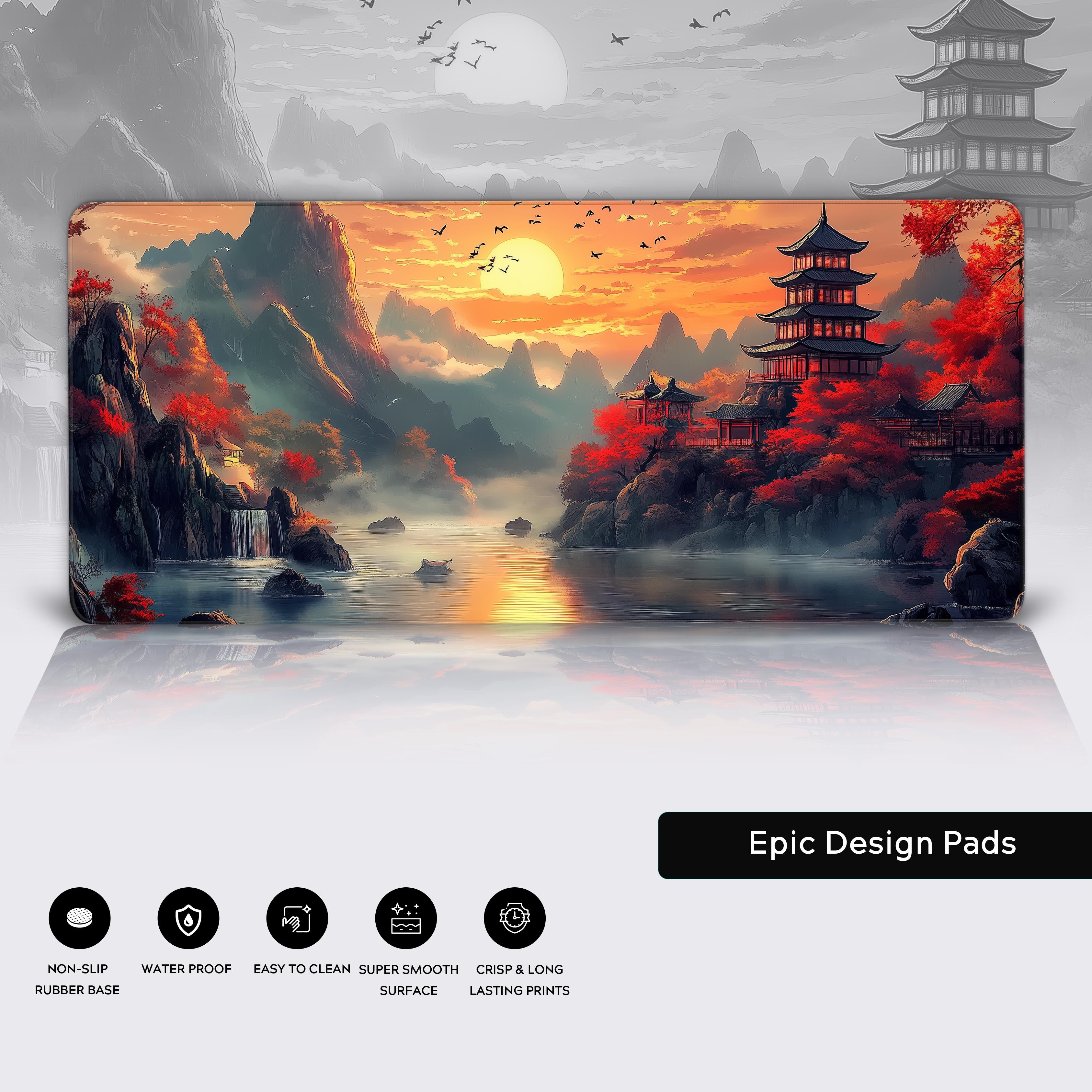 Japanese Sunset Desk Mat, Serene Pagoda Desk Pad, Scenic Landscape