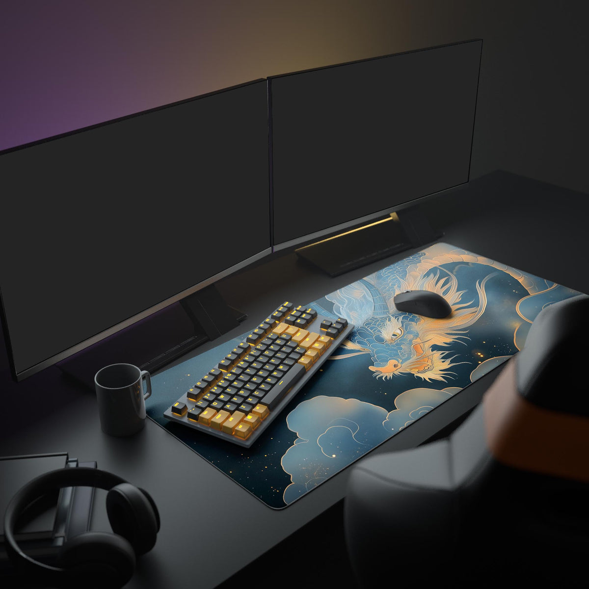 Blue Japanese Dragon Desk Pad in a dark gaming setup with a mechanical keyboard, a mouse and headphones
