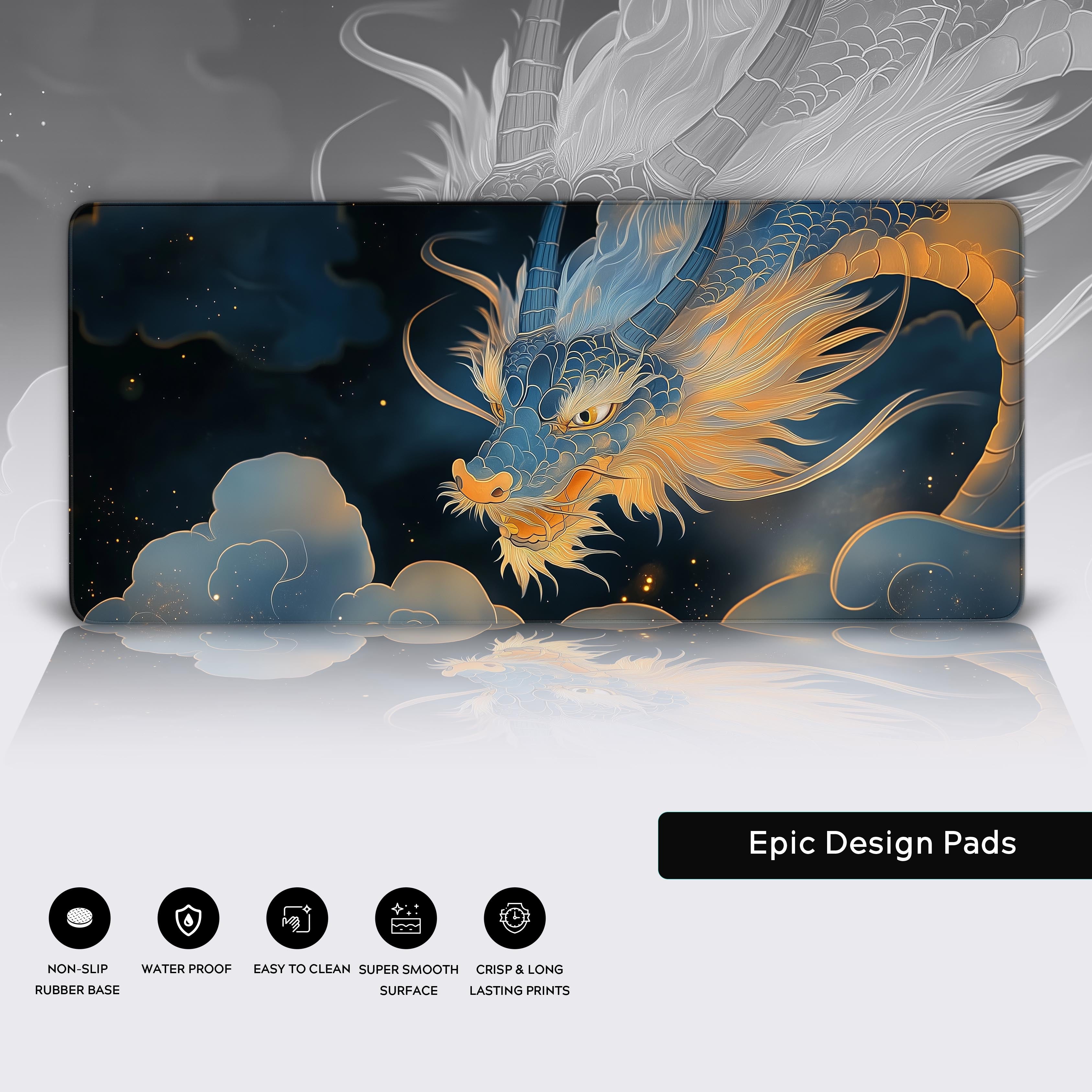 A majestic Japanese dragon with shimmering blue scales, flowing golden accents, and intricate details in its face and whiskers. The dragon is surrounded by swirling clouds, illuminated with soft golden hues, creating a celestial and mythical atmosphere. Its piercing eyes and sharp, elegant horns add a sense of power and mystique. The dark, star-speckled background enhances the dragon's vibrant colors and ethereal presence, blending traditional Japanese artistry with a cosmic fantasy aesthetic.