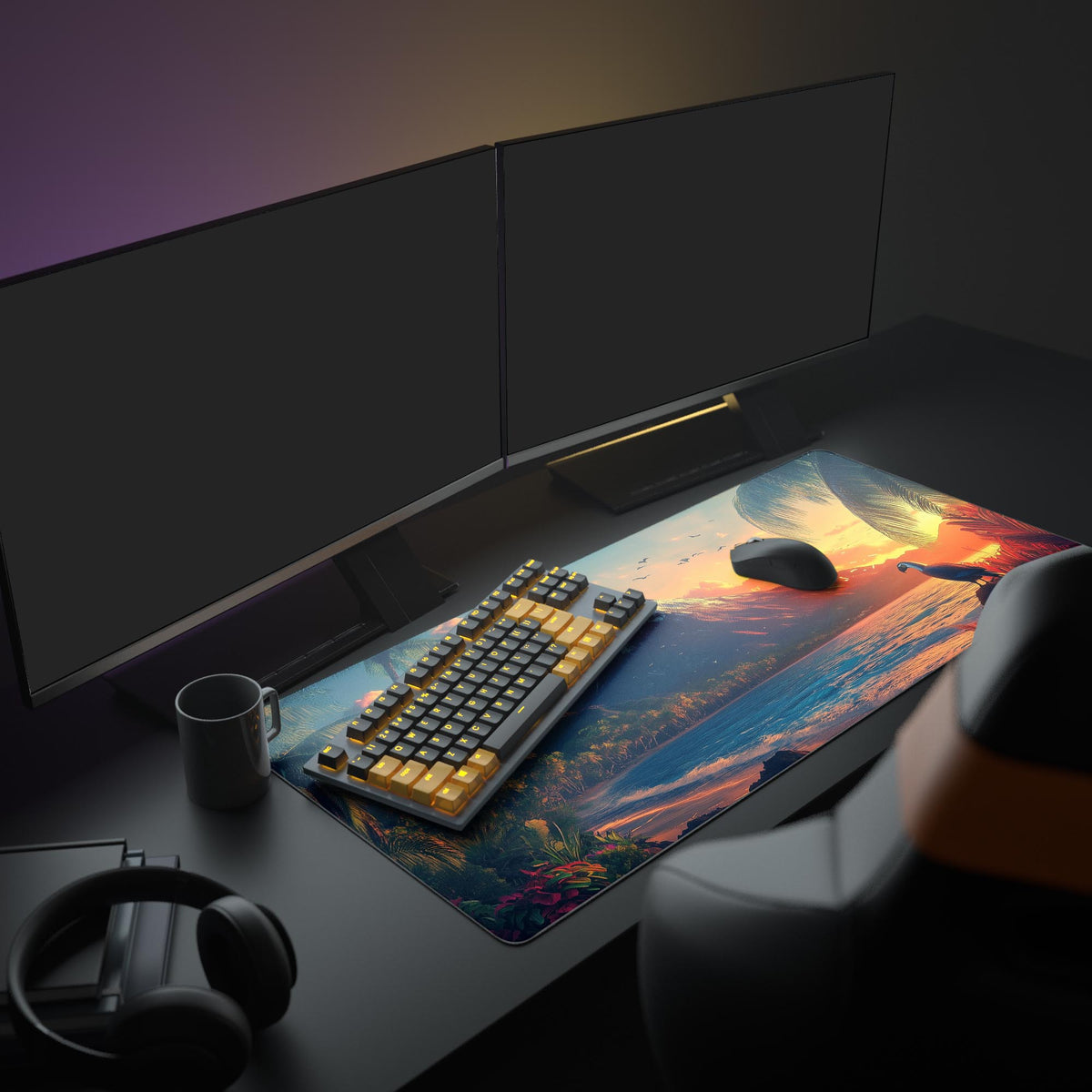 Volcanic Island Desk Pad in a dark gaming setup with a mechanical keyboard, a mouse and headphones