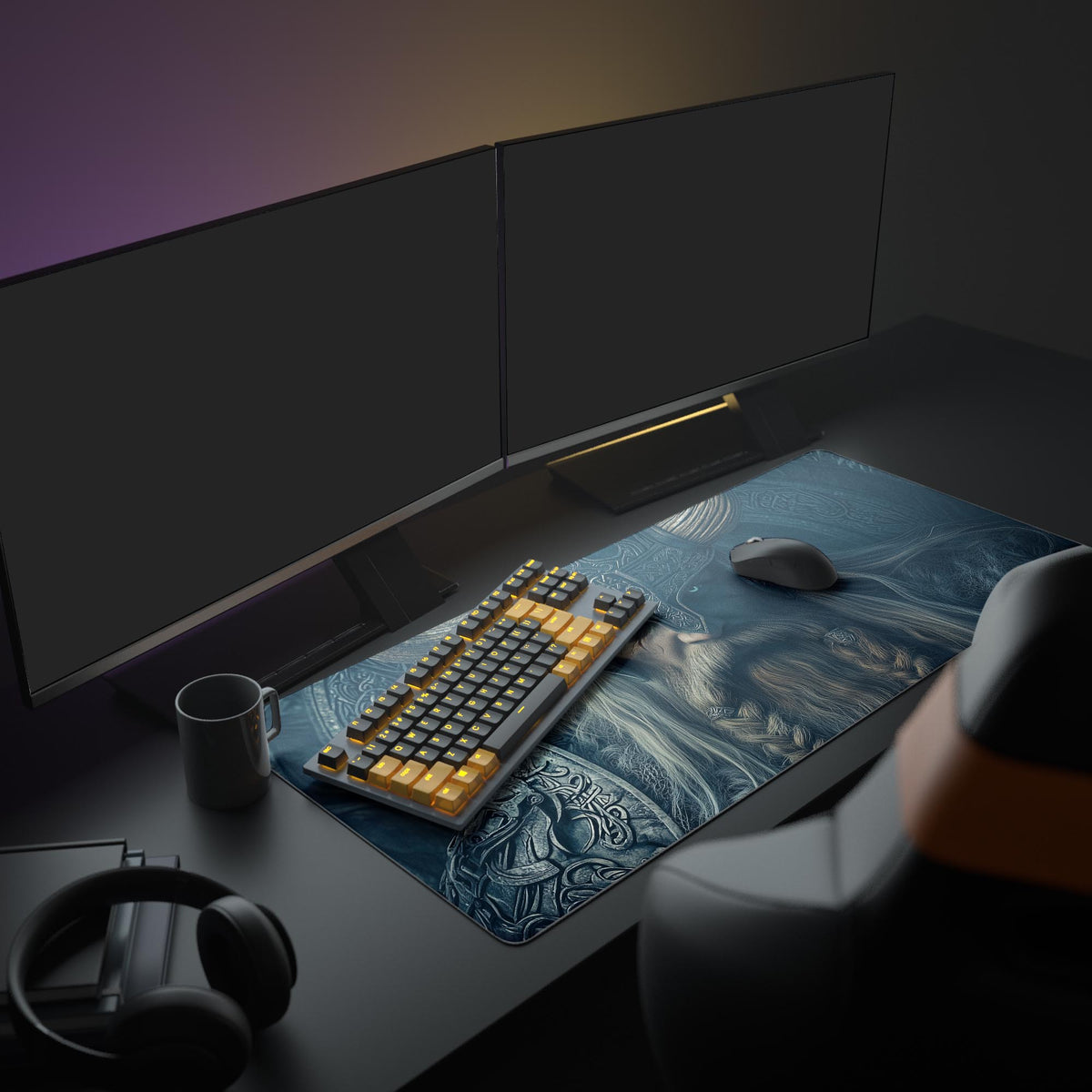 Epic Viking Desk Pad in a dark gaming setup with a mechanical keyboard, a mouse and headphones