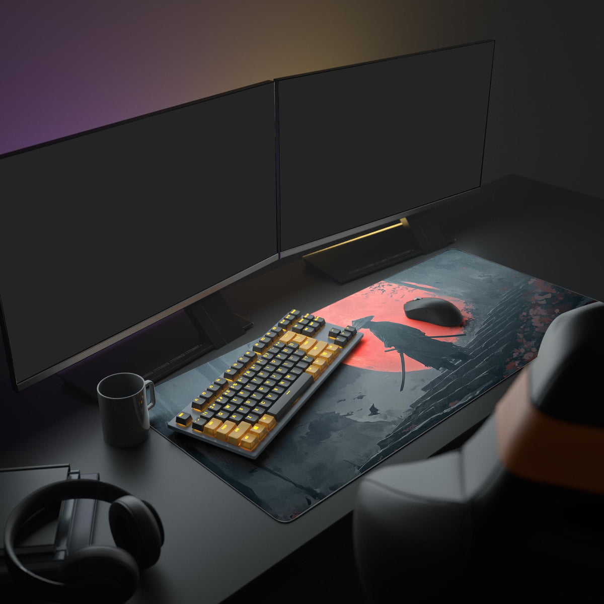 Samurai Desk Pad in a dark gaming setup with a mechanical keyboard, a mouse and headphones
