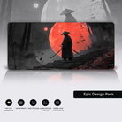 Solitary samurai warrior, standing on ancient stone steps, facing a massive blood-red moon. He wears a tattered black cloak and a traditional straw hat (kasa), his face obscured in shadow. His katana gleams in the dim light, reflecting the eerie atmosphere of the dark, misty forest. The scene is painted in a cinematic, ink-wash Japanese style with bold brush strokes, high contrast, and minimal color—only deep blacks, grays, and striking red. Wind-blown leaves and distant crows add to the sense of mystery 