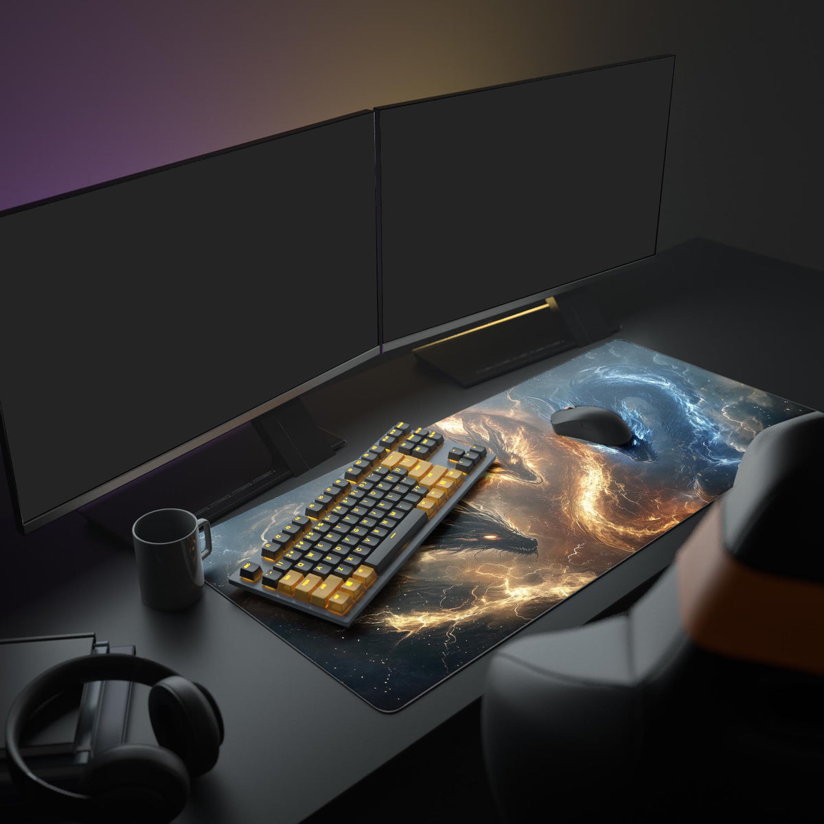 Elemental Dragons Desk Pad in a dark gaming setup with a mechanical keyboard, a mouse and headphones