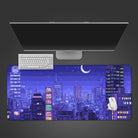 Pastel purple desk mat mousepad, Japanese skyline tokyo 8 bit pixel art, lavender periwinkle colors, xxl vaporwave gaming deskmat mouse pad