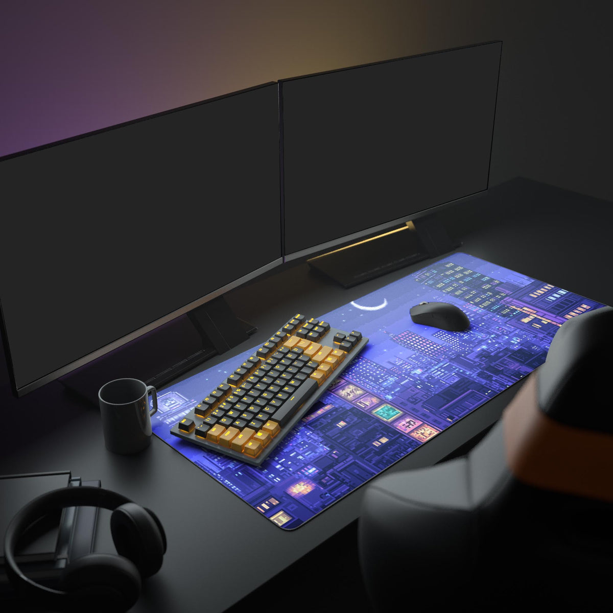 Japanese Skyline Tokyo Desk Pad in a dark gaming setup with a mechanical keyboard, a mouse and headphones