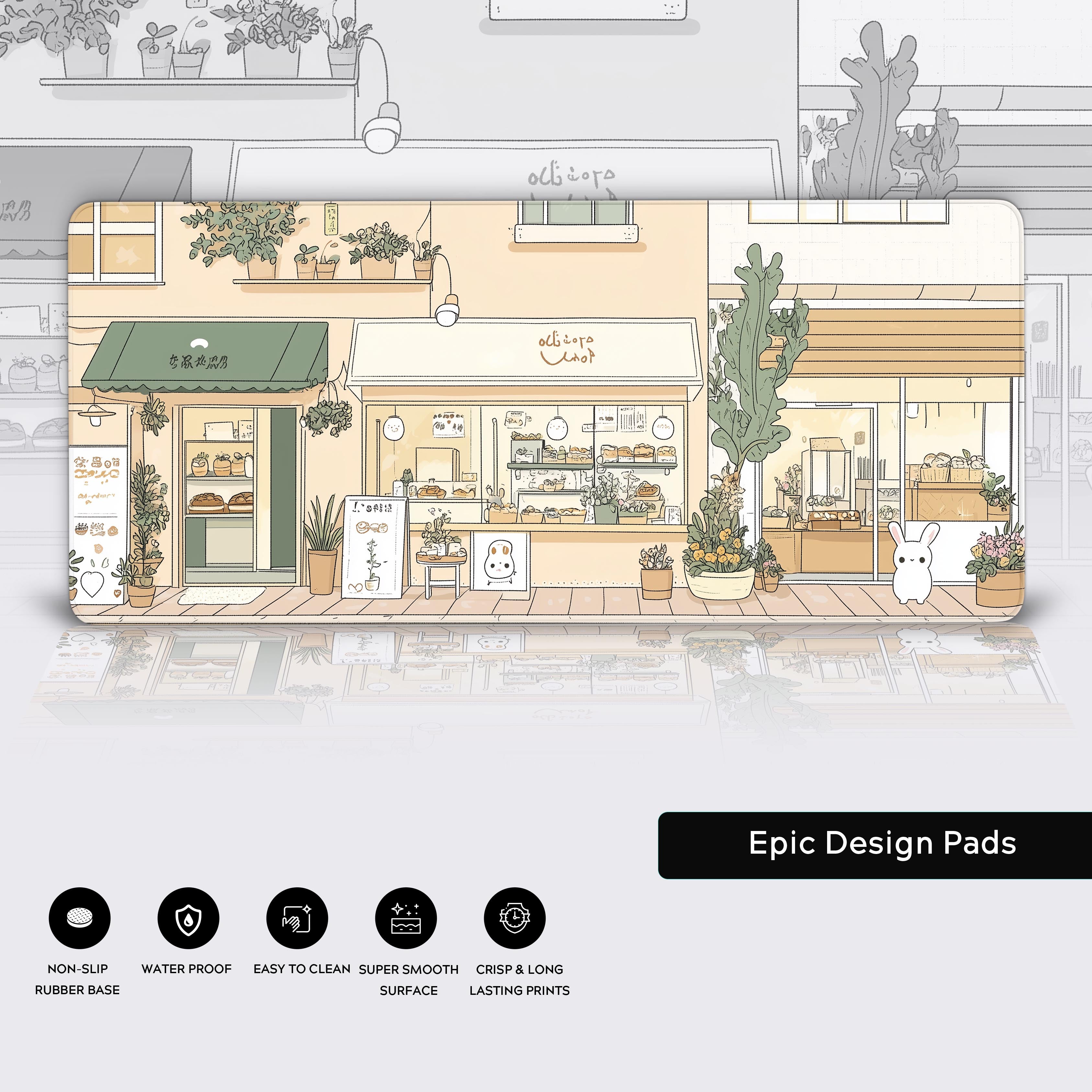 A charming kawaii-style Japanese street scene with a cozy bakery, flower shop, and café. Soft pastel tones of beige, brown, and green create a warm and inviting atmosphere. Cute animal characters, including rabbits and bears, walk along the sidewalk, carrying bread and flowers. The storefronts are adorned with potted plants, hanging lights, and minimalistic signage. Delicate linework and hand-drawn details enhance the cozy and nostalgic feel, inspired by Japanese illustration aesthetics.