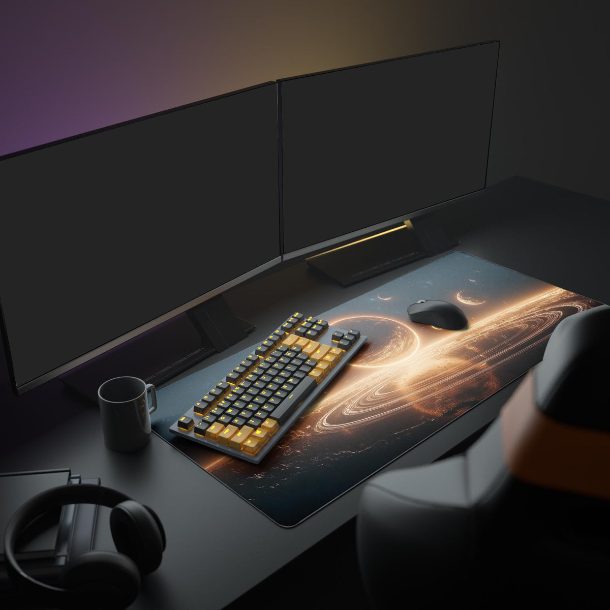 Cosmic Rings & Moons Desk Pad in a dark gaming setup with a mechanical keyboard, a mouse and headphones
