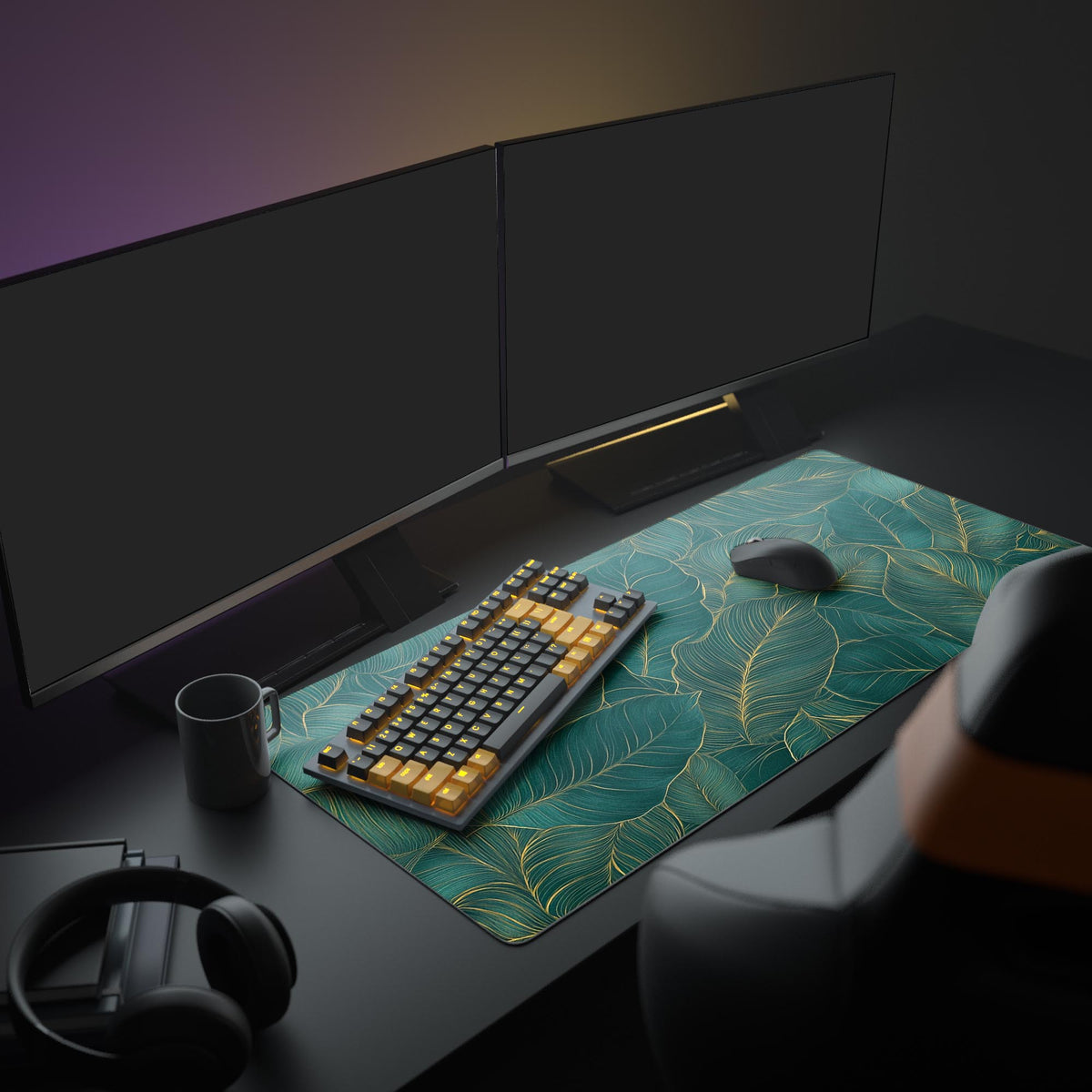 Nature Green Desk Pad in a dark gaming setup with a mechanical keyboard, a mouse and headphones