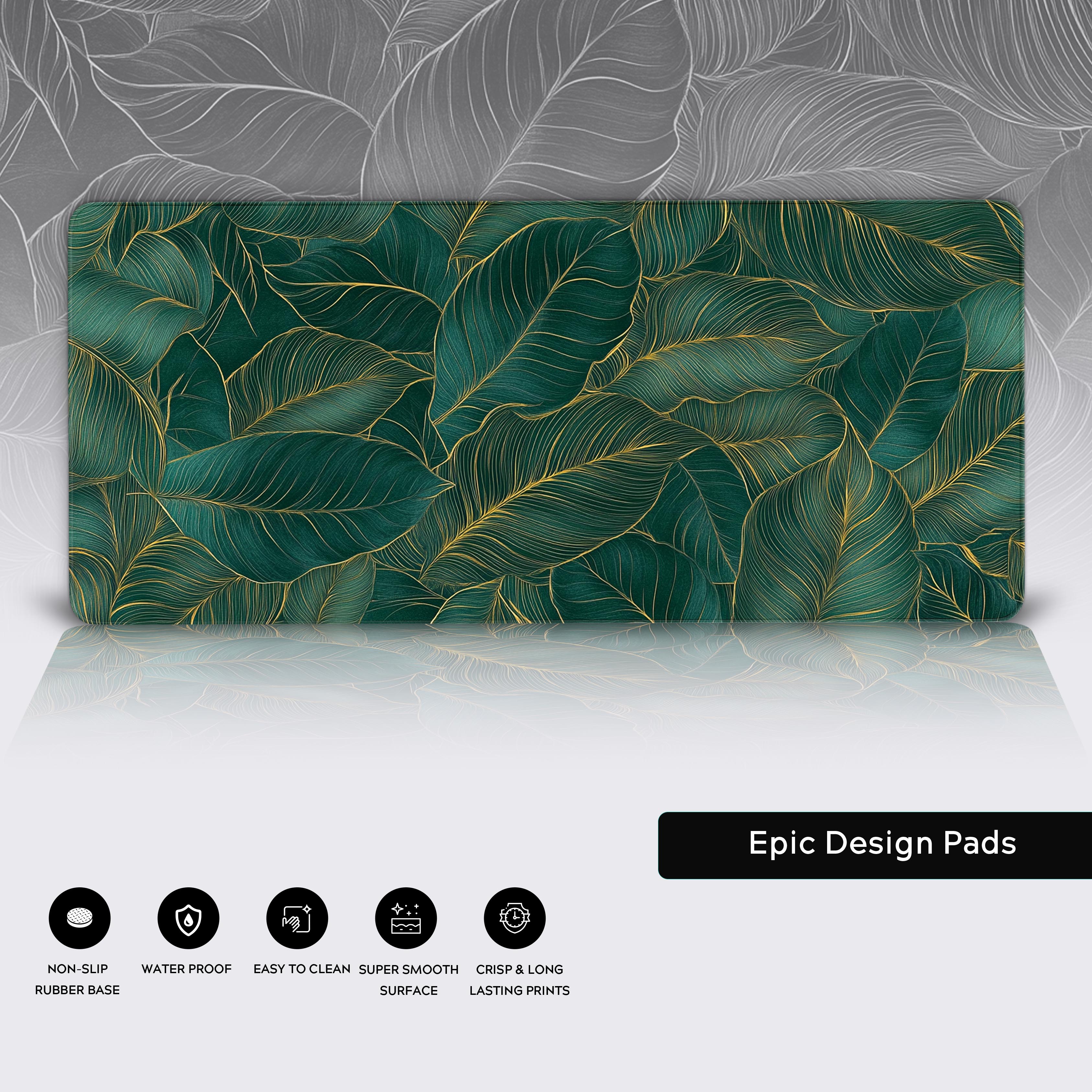 Seamless tropical leaf pattern, deep emerald green foliage with intricate gold outlines, Art Nouveau botanical illustration, elegant nature-inspired design, luxurious and modern aesthetic, highly detailed line work, soft lighting, high-resolution digital wallpaper 