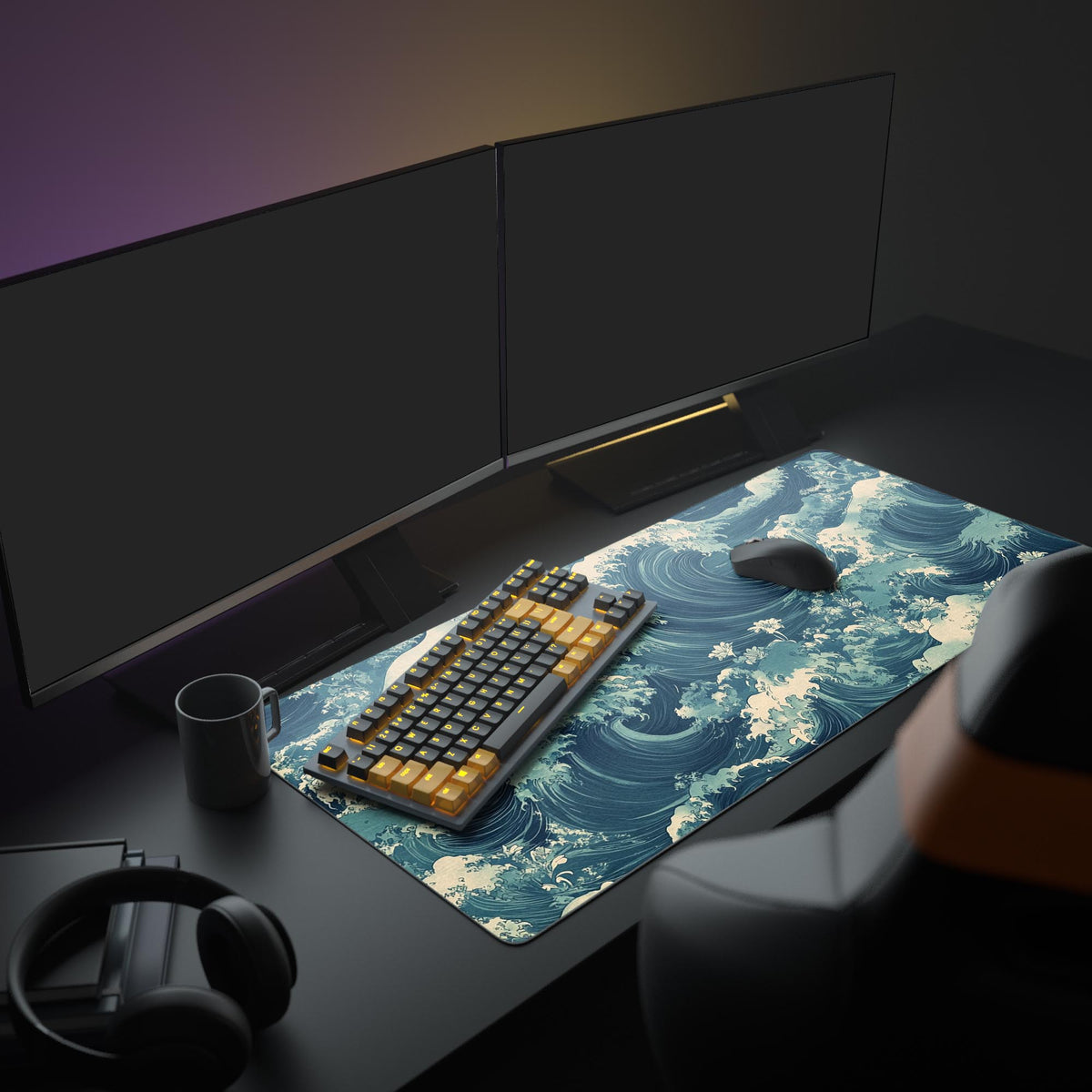 Japanese Ukiyo-e Desk Pad in a dark gaming setup with a mechanical keyboard, a mouse and headphones