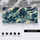 Intricate Japanese Ukiyo-e inspired wave pattern, swirling ocean waves with delicate floral elements, deep blue and teal color palette, highly detailed woodblock print style, traditional yet modern artistic interpretation, seamless and elegant composition, inspired by Hokusai and classic Edo-period aesthetics