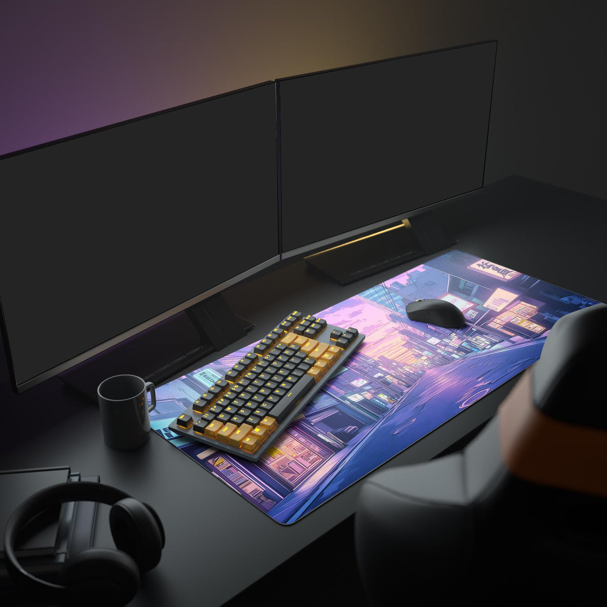 Tokyo Lofi Desk Pad in a dark gaming setup with a mechanical keyboard, a mouse and headphones