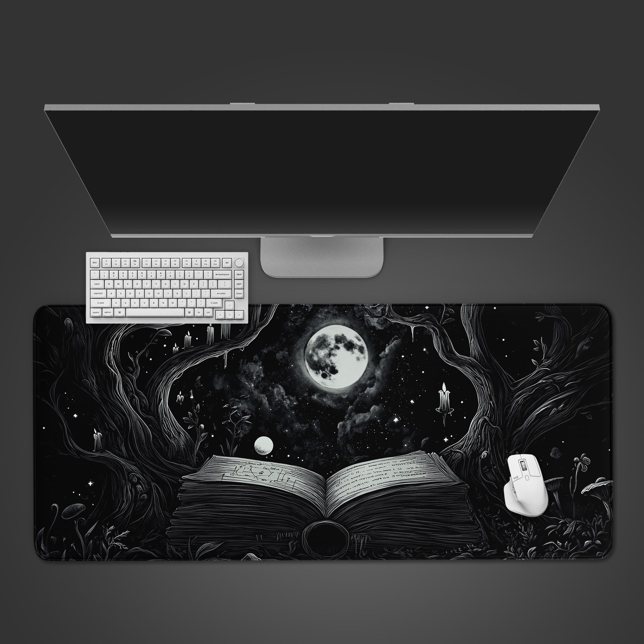 Black Alchemy Cottagecore Desk Pad with nature motif, open book, moon, starry sky-Epic Design Pads