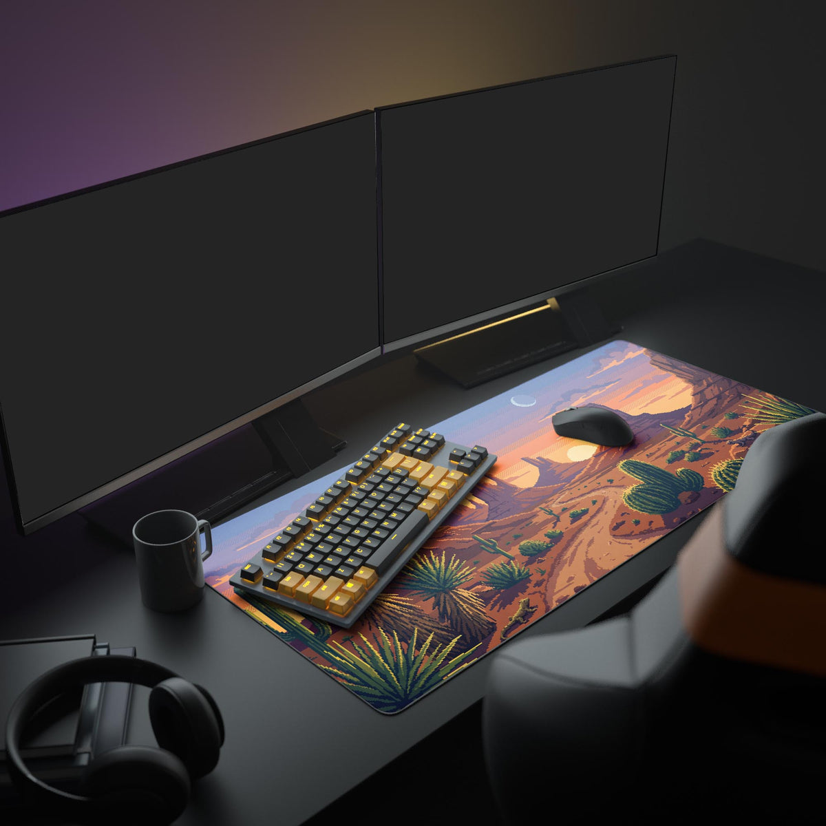 A full PC setup featuring the 8-Bit Dusk XL Mouse Pad. The pixel art desert design complements the monitor and peripherals, creating a cohesive retro gaming aesthetic. - Epic Design Pads & Mousepads