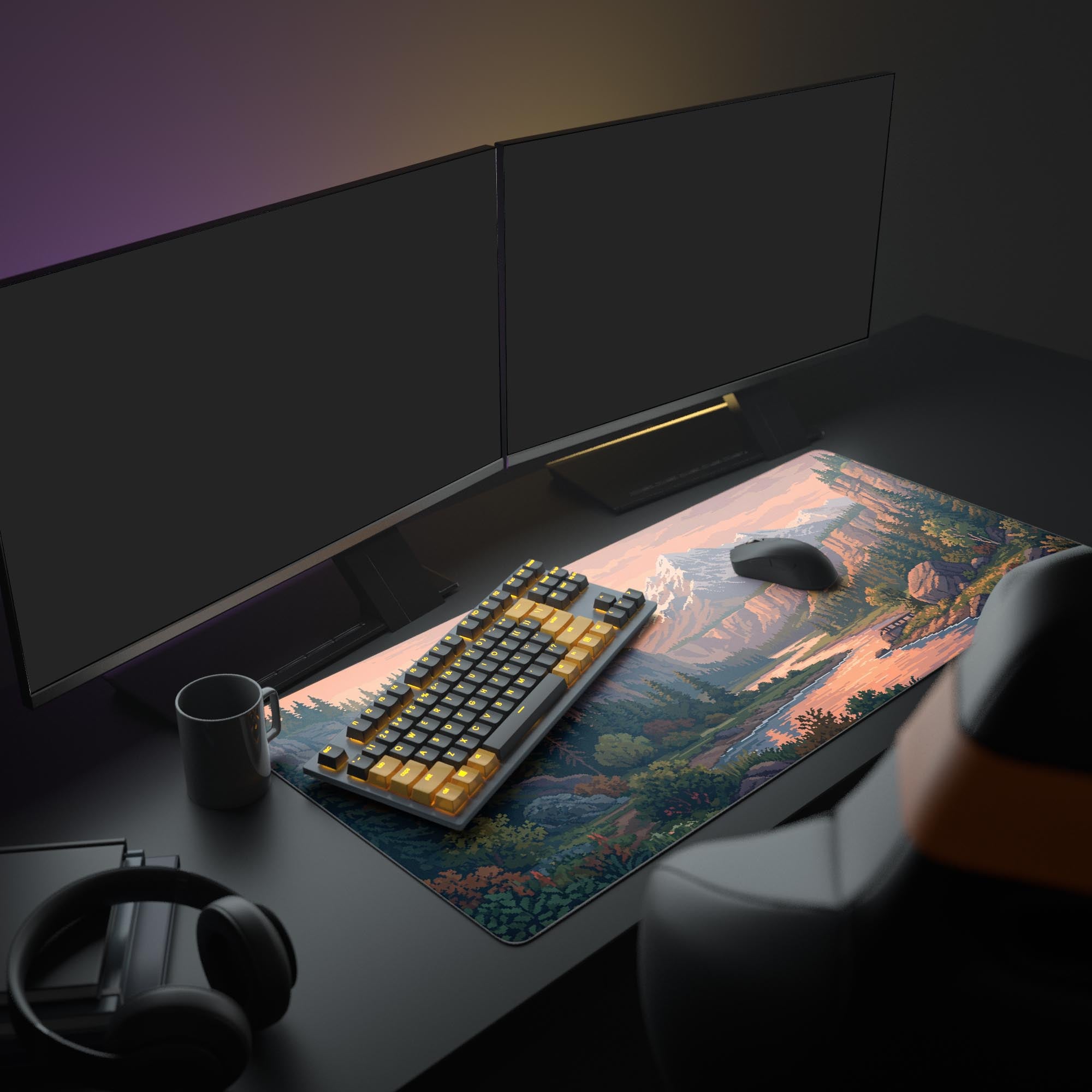 A cozy, retro-themed PC setup featuring the 8-Bit Horizon mountain landscape gaming desk mat under a monitor and keyboard. - Epic Design Pads & Mousepads