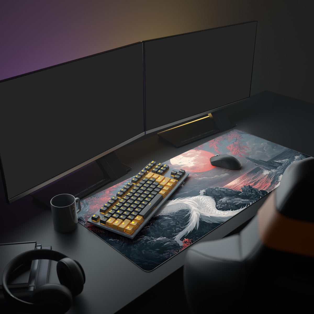 Ancient Spirit Desk Pad in a dark gaming setup with a mechanical keyboard, a mouse and headphones