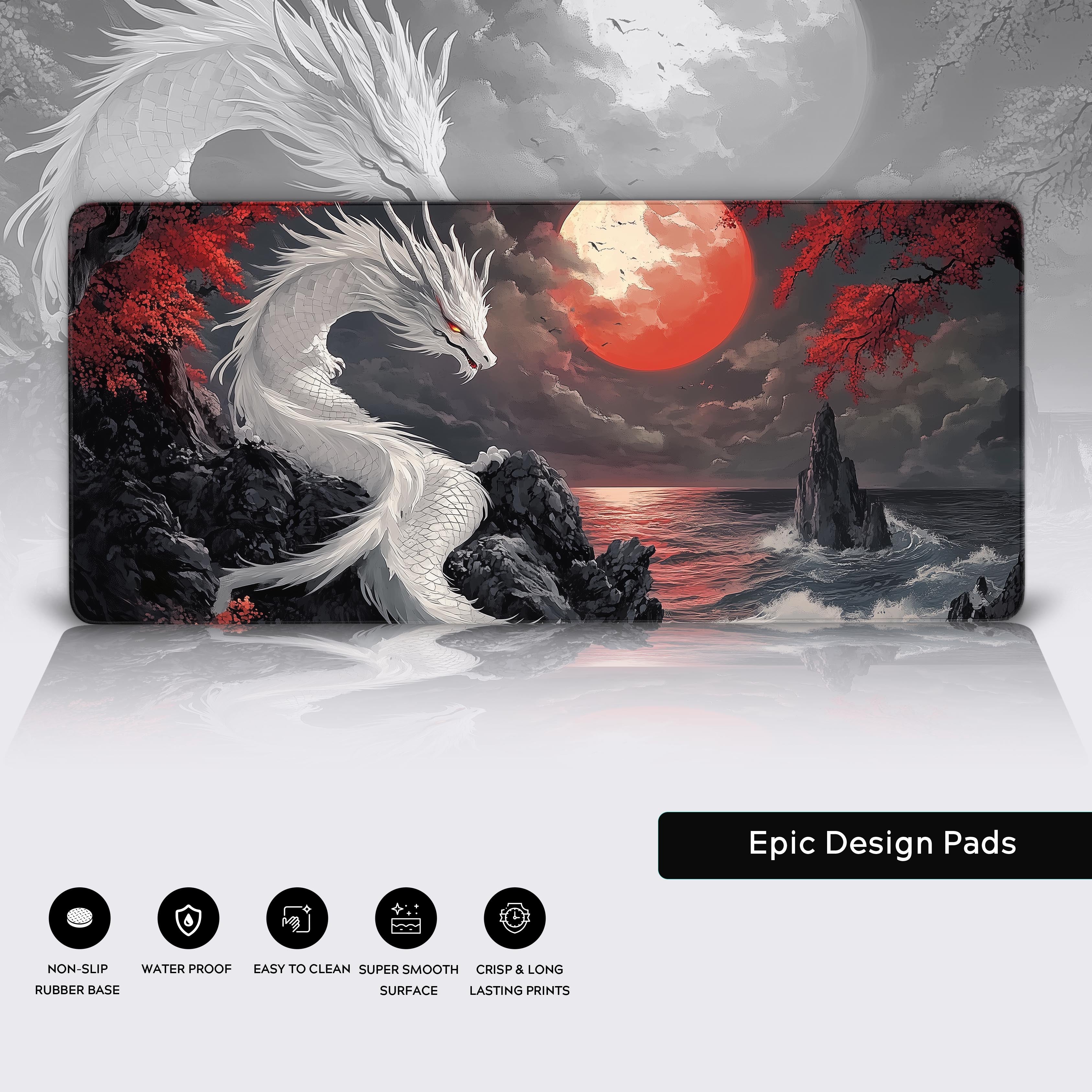 A majestic white Eastern dragon with flowing, elegant fur and scales, resting on a rugged coastal cliff under a dramatic twilight sky. Behind the dragon, a massive, glowing crimson moon illuminates the scene, casting warm light over the rocky shore and tranquil ocean. Surrounding the dragon, trees with autumn-red leaves add to the mystical ambiance. The art style is intricate and highly detailed, blending traditional Japanese art influences with modern fantasy aesthetics.