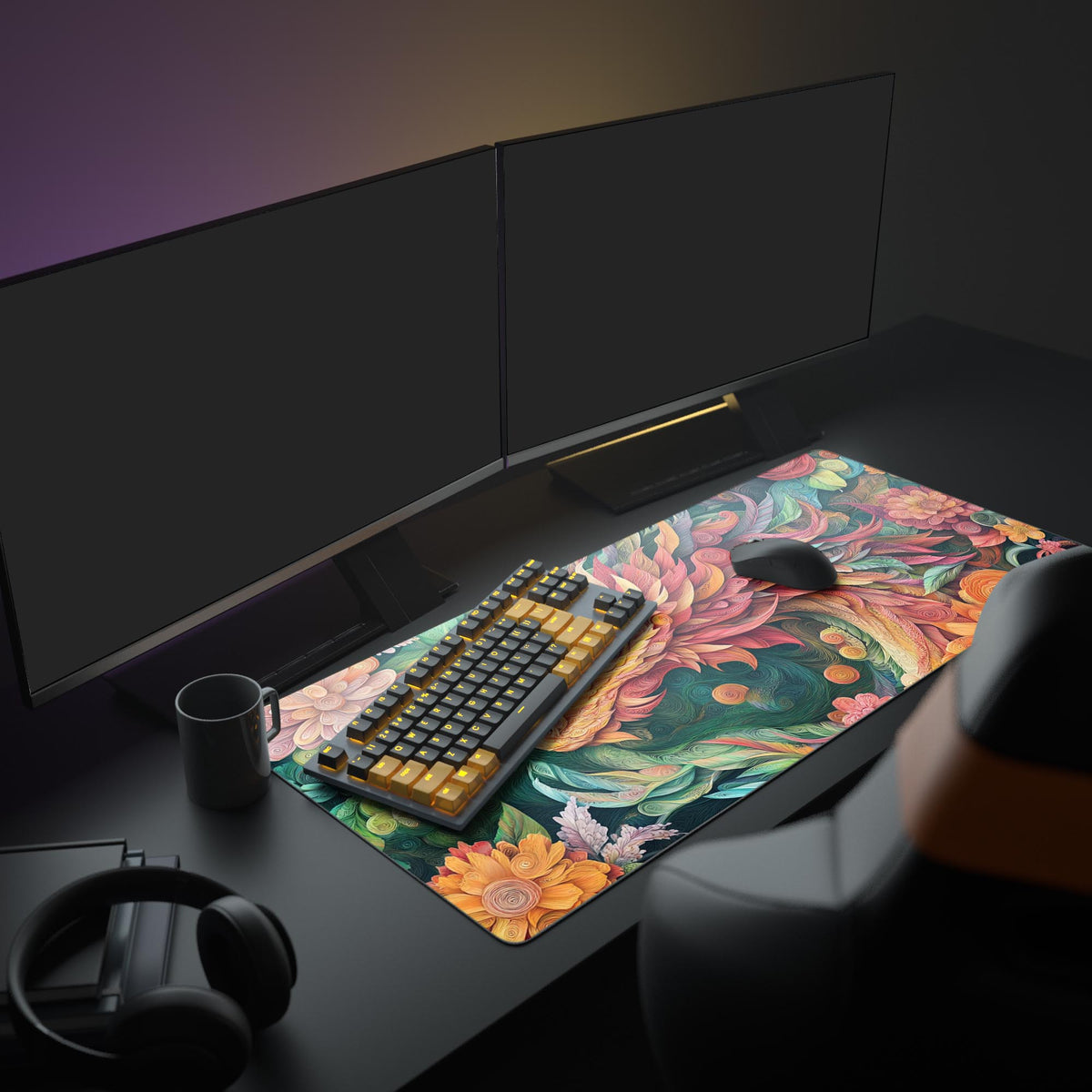 Blossoming Wyvern Desk Pad in a dark gaming setup with a mechanical keyboard, a mouse and headphones