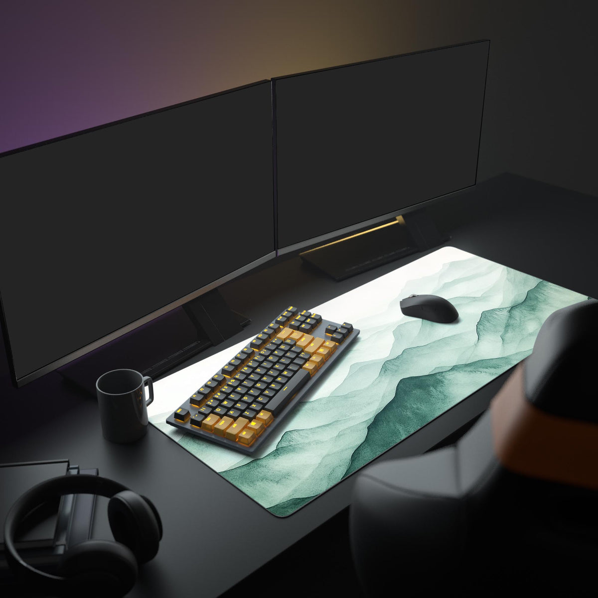 Calming Mountain Desk Pad in a dark gaming setup with a mechanical keyboard, a mouse and headphones