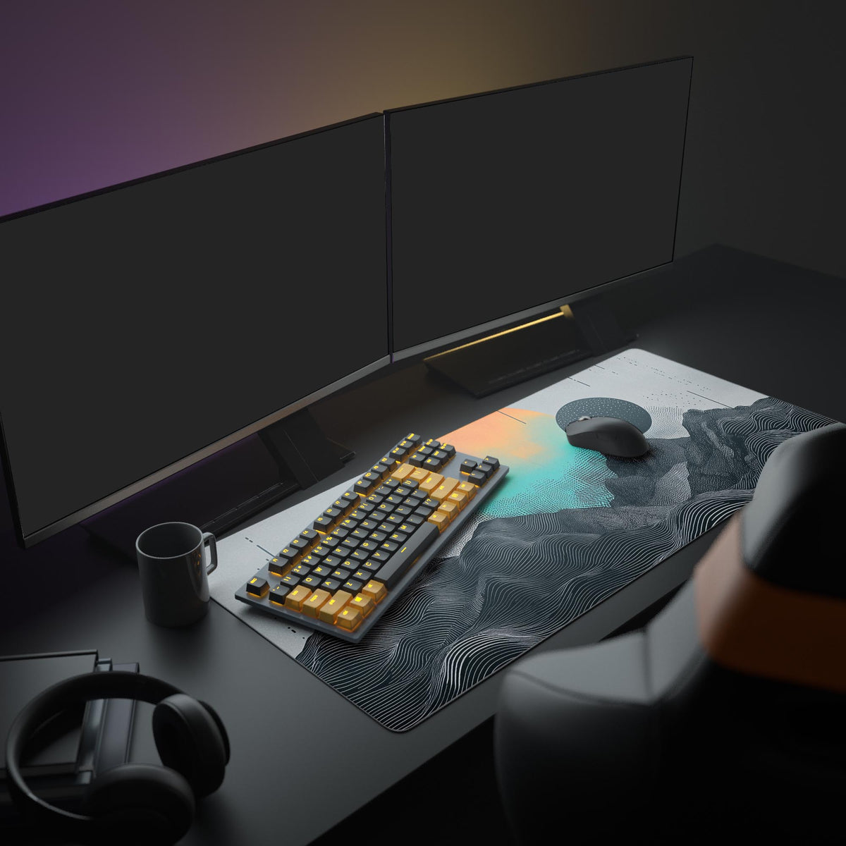 Circle Dots Abstract Desk Pad in a dark gaming setup with a mechanical keyboard, a mouse and headphones