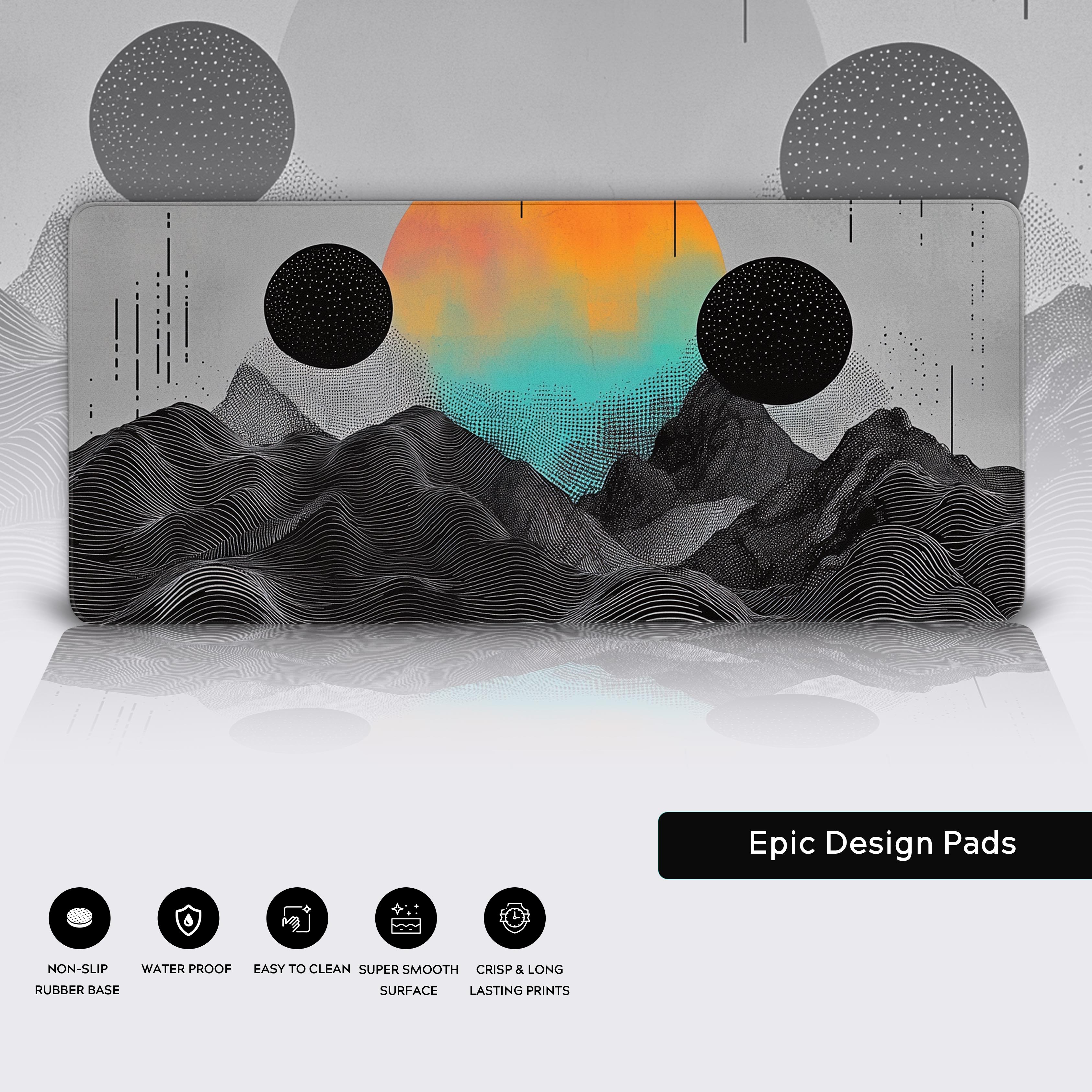 Abstract geometric landscape with flowing black contour lines forming hills and mountains, a vibrant gradient sun in orange and cyan hues, and two textured black celestial spheres with star-like dots. The background is minimalist and gray, with vertical and dotted elements for a futuristic aesthetic. The overall style is a fusion of surrealism and modern graphic design, featuring intricate patterns and bold contrasts.