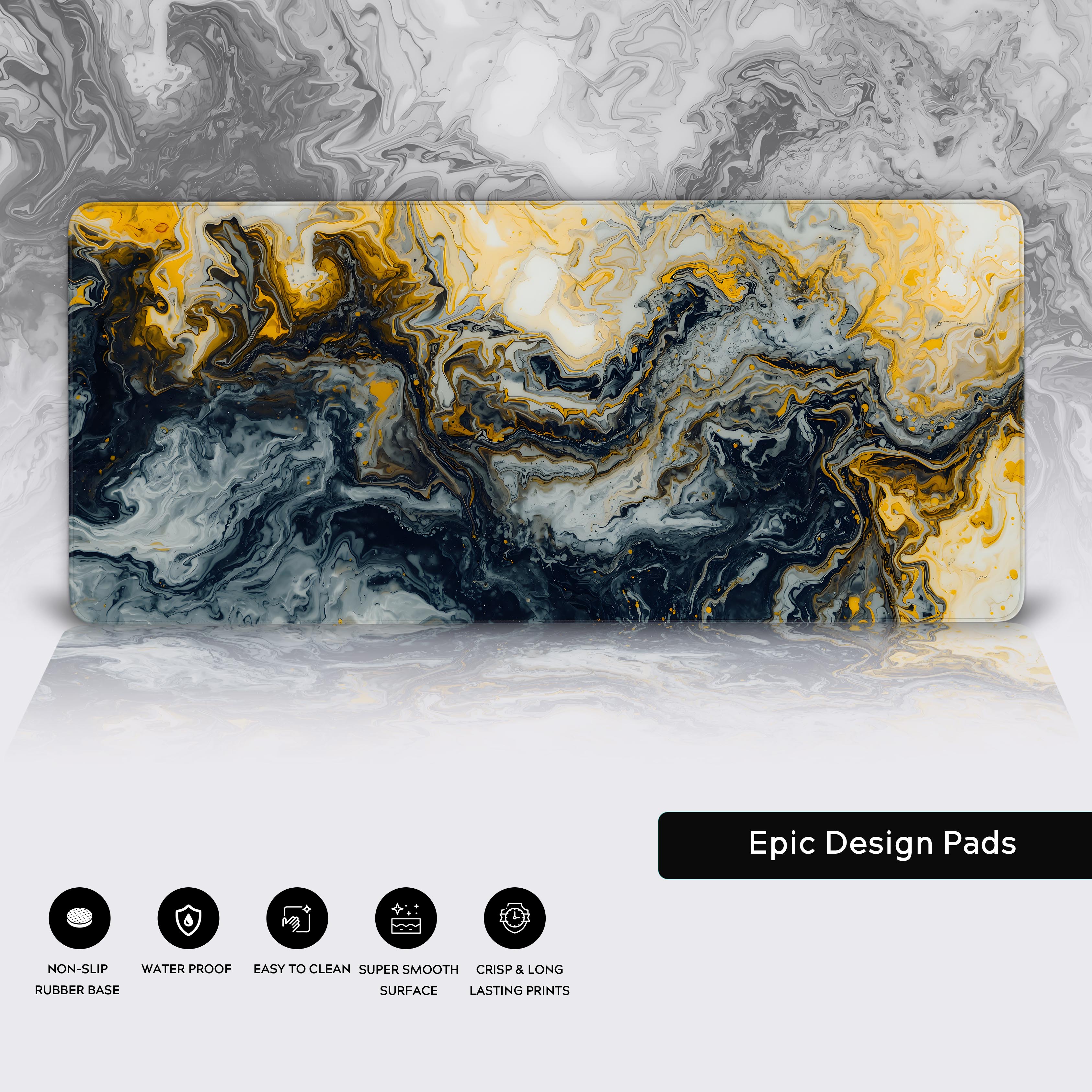 Close-up of the Liquid Luxury desk mat's features. Showcases the durable stitched edges and the texture of the non-slip rubber base on the abstract mouse pad.