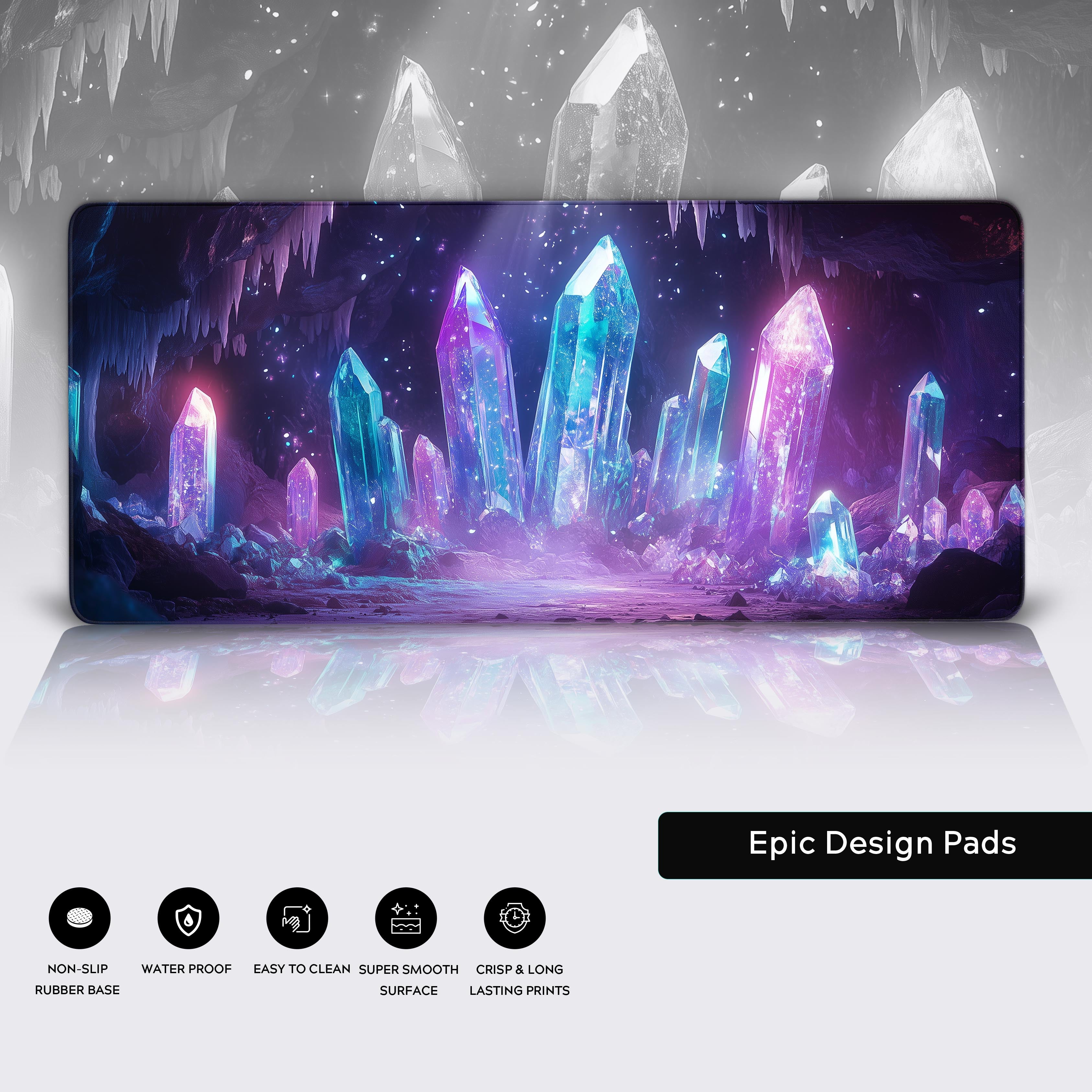 A glowing crystal cave filled with towering luminous crystals in shades of blue, purple, and pink, sparkling with ethereal light, surrounded by a dark cavern with subtle ambient glows, magical atmosphere with floating particles, mystical fantasy setting, detailed textures, soft lighting reflections, cinematic and vibrant composition