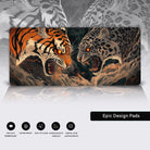 Two ferocious big tigers engaged in an intense face-off, one with vibrant orange and black tiger stripes and the other with bold gray and black leopard patterns. Both animals have glowing, piercing eyes, snarling with sharp, menacing fangs, and exude raw power and aggression. The background is a dark, swirling chaos of smoke, abstract shapes, and dynamic motion, with intricate textures and fine line art. The overall tone is dramatic and fierce, evoking primal energy in a traditional Japanese woodblock art 