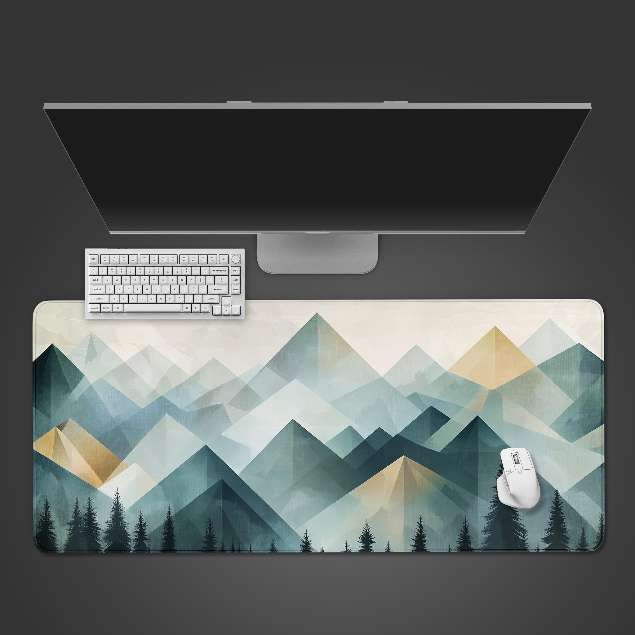 Geometric Mountain Desk Mat - Low Poly Landscape Office Decor - Nature-Inspired Art in Earthy Tones for Home Workspace