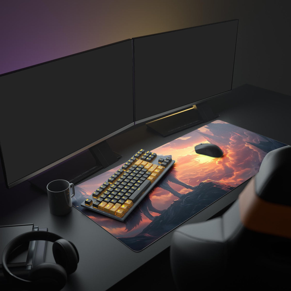 Giant Wolf Fantasy Desk Pad in a dark gaming setup with a mechanical keyboard, a mouse and headphones