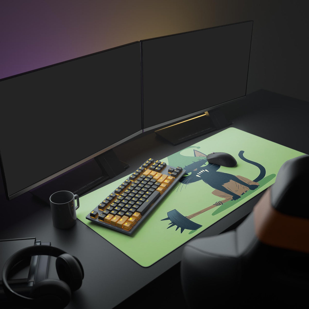 Goblin Mood Desk Pad in a dark gaming setup with a mechanical keyboard, a mouse and headphones