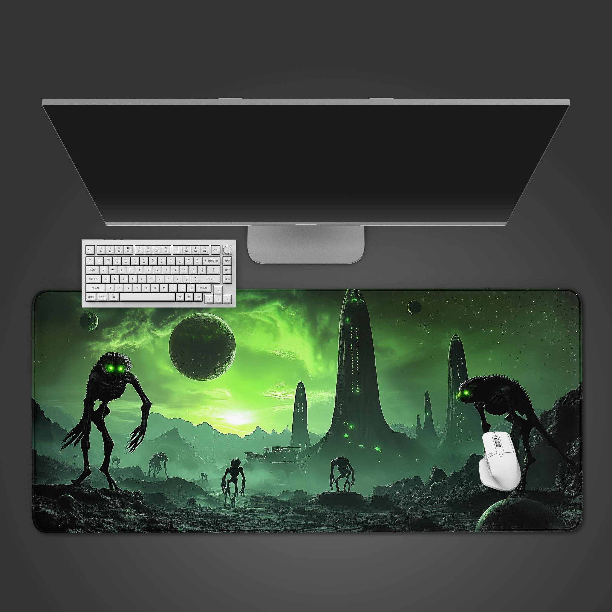 Green Alien Worlds Mouse Pad XL Desk Mat for Scary Fantasy Gaming, Alien Mousepad for Gamers, XXL Desk Pad with Keyboard Rest Game Tables