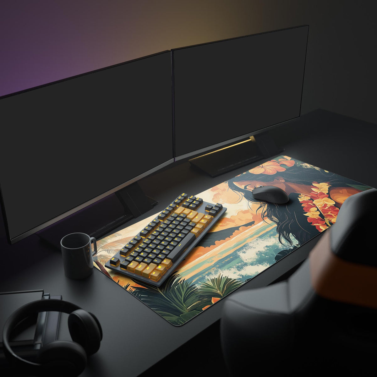 Hawaiian Desk Pad in a dark gaming setup with a mechanical keyboard, a mouse and headphones