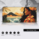 A serene tropical scene featuring a Polynesian woman with flowing dark hair adorned with vibrant tropical flowers and a traditional lei. The background showcases a stunning island setting with a volcano, lush greenery, palm trees, and gentle ocean waves under a warm, golden sunset. The composition is rich with warm tones like orange, gold, and beige, with a soft, painterly art style that captures a peaceful and cultural essence. The mood is tranquil, evoking the beauty and spirit of island life.