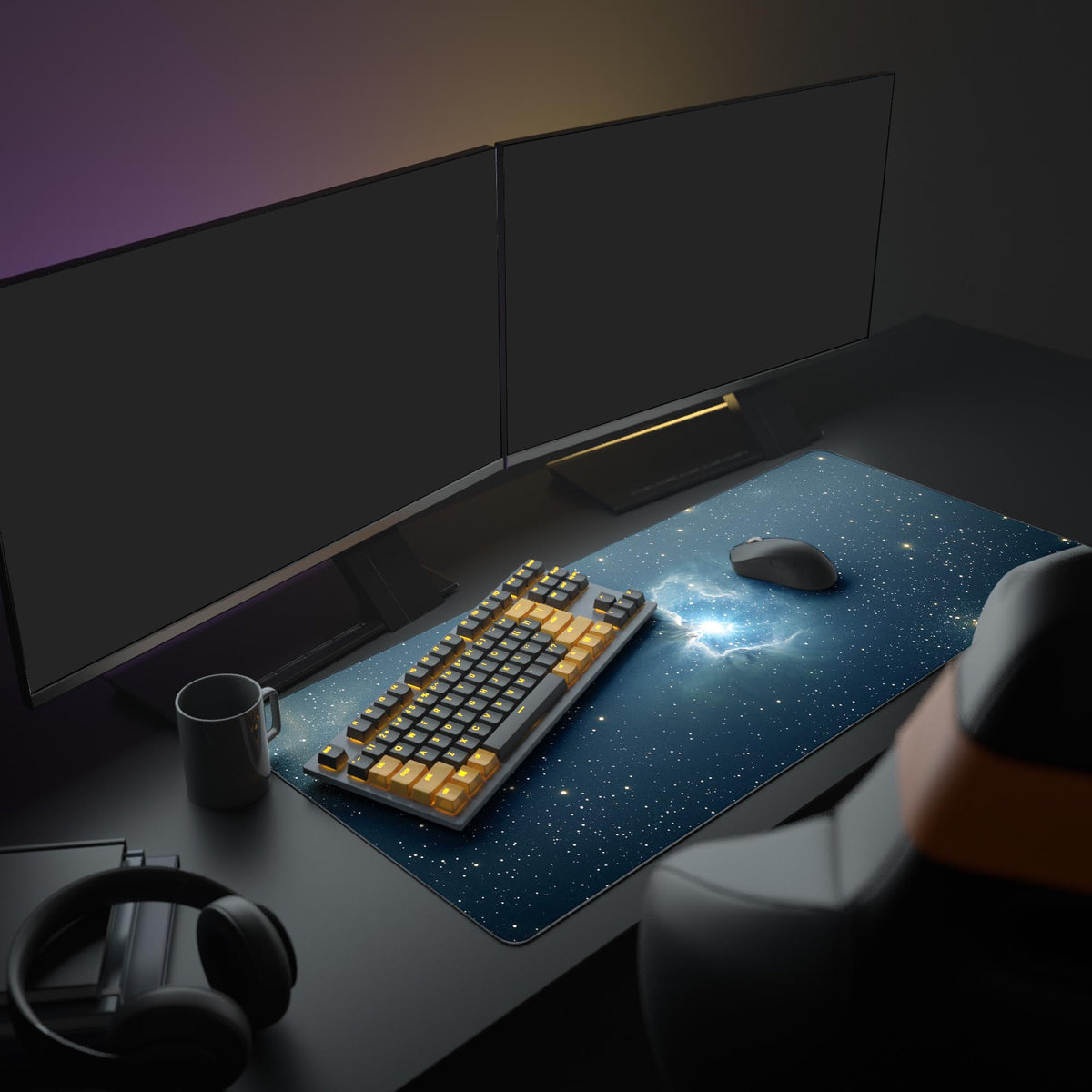 Iris Nebula Desk Pad in a dark gaming setup with a mechanical keyboard, a mouse and headphones