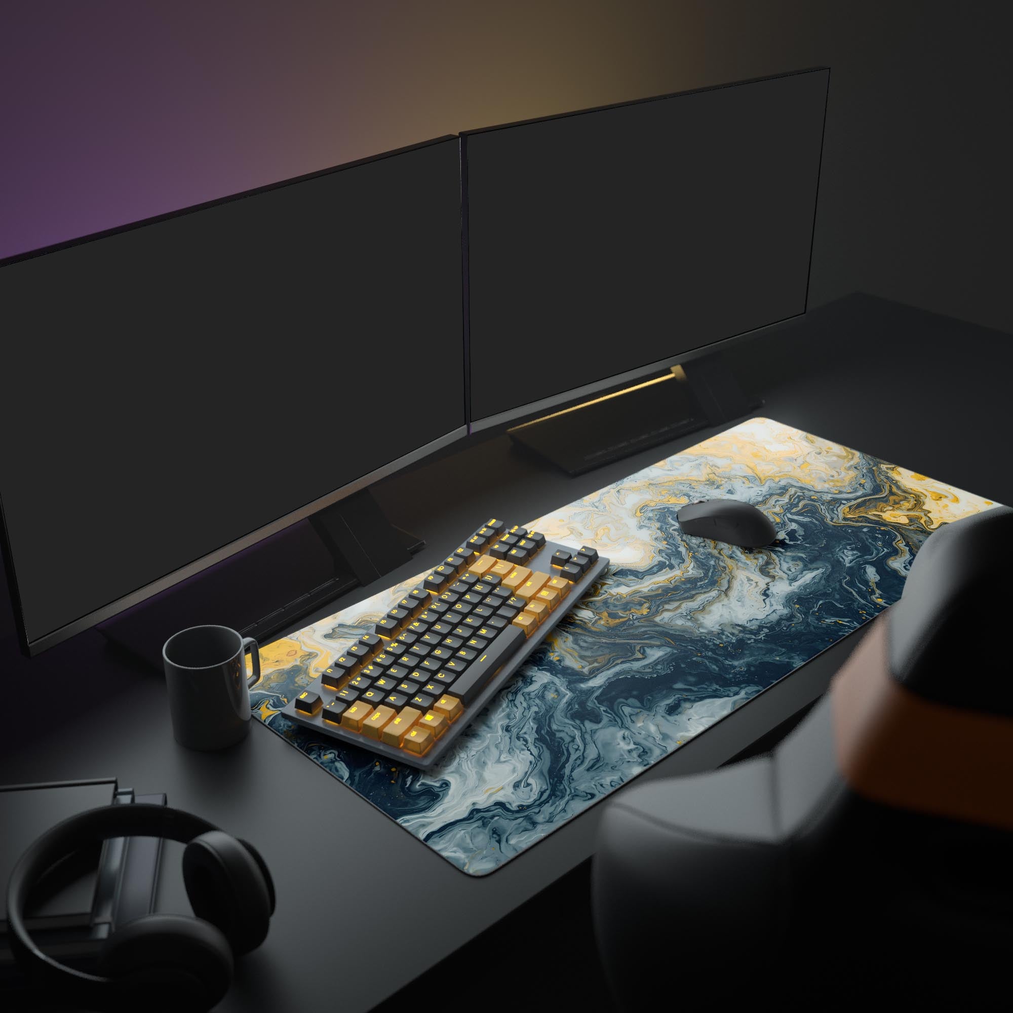 Large Liquid Gold desk mat shown in a complete office setup. The gold and black abstract design complements dual monitors, a mechanical keyboard, and headphones.