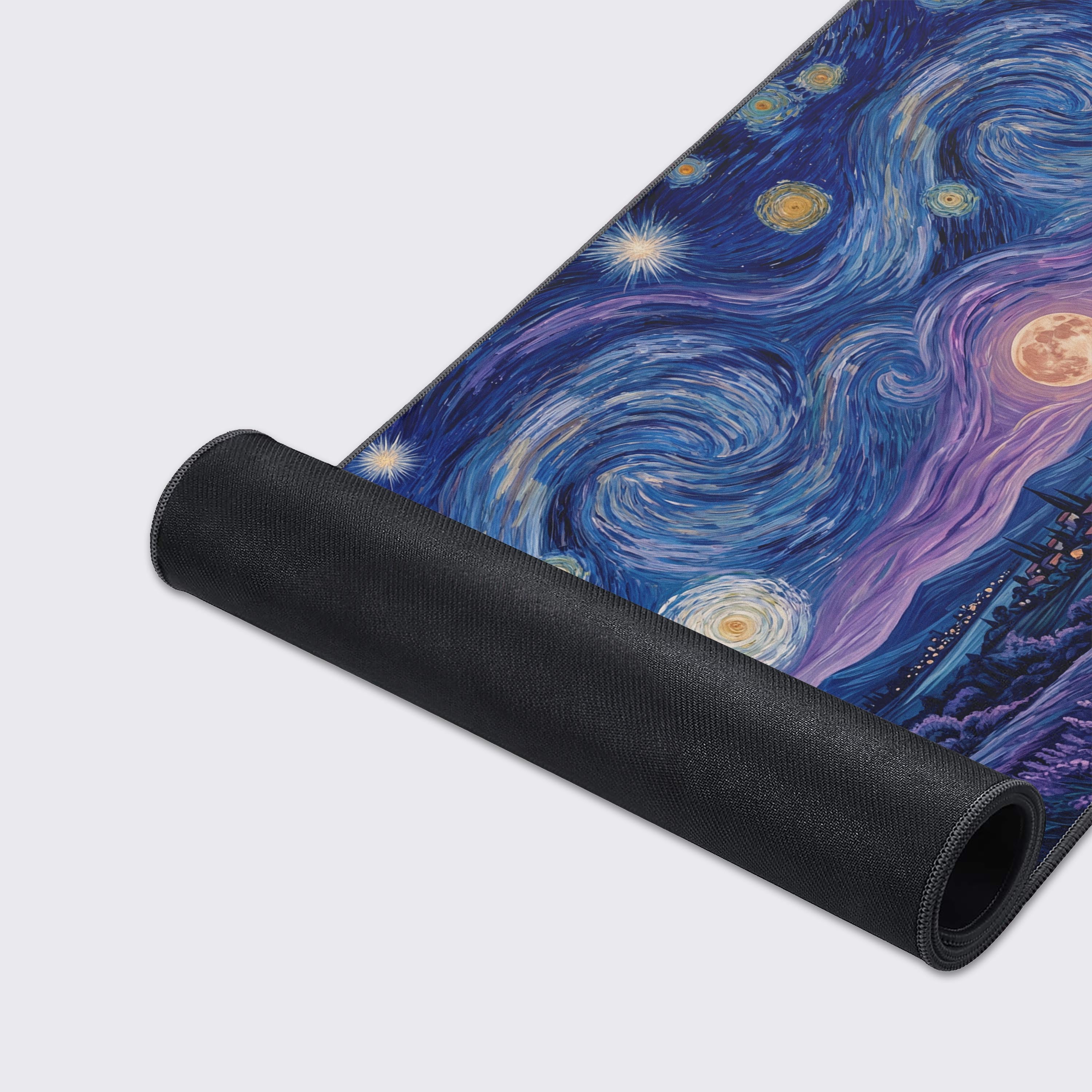 Close-up of the Midnight Lavender mouse pad's high-quality fabric texture and durable stitched edges, showcasing the detailed post-impressionist inspired artwork.