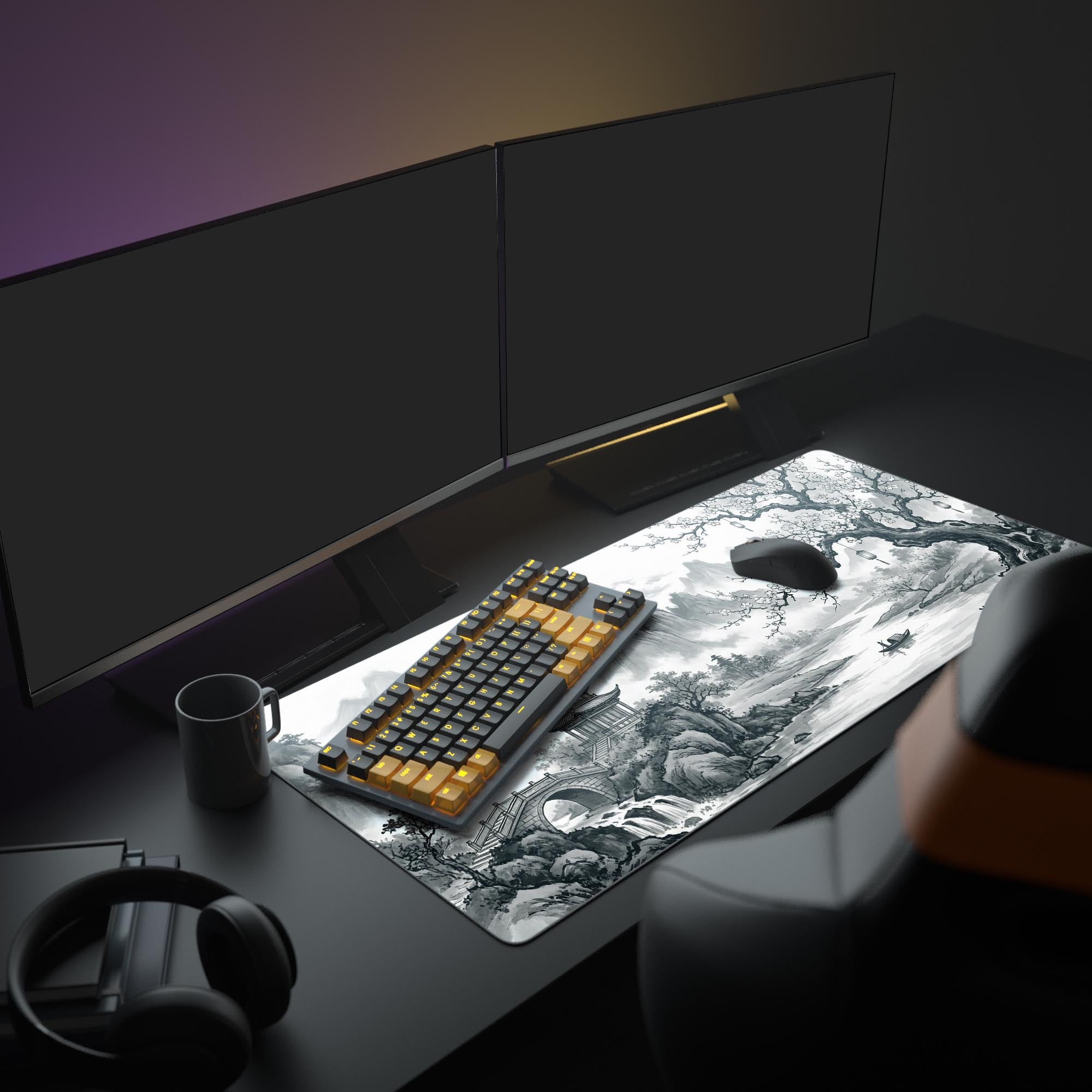 Large Mist & Mountain desk mat shown in a minimalist desk setup with a mechanical keyboard, dual monitors, and headphones. - Epic Design Pads & Mousepads