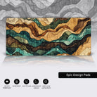 Abstract topographic artwork inspired by geological layers and natural landscapes. A mosaic of flowing, interconnected patterns in earthy tones of brown, gold, beige, and teal. Fine black contour lines highlight the textured details, creating the impression of rugged terrain and elevation. The composition blends organic shapes and geometric detailing, evoking the aesthetic of a stylized map or stained glass. Warm, harmonious, and intricately detailed.