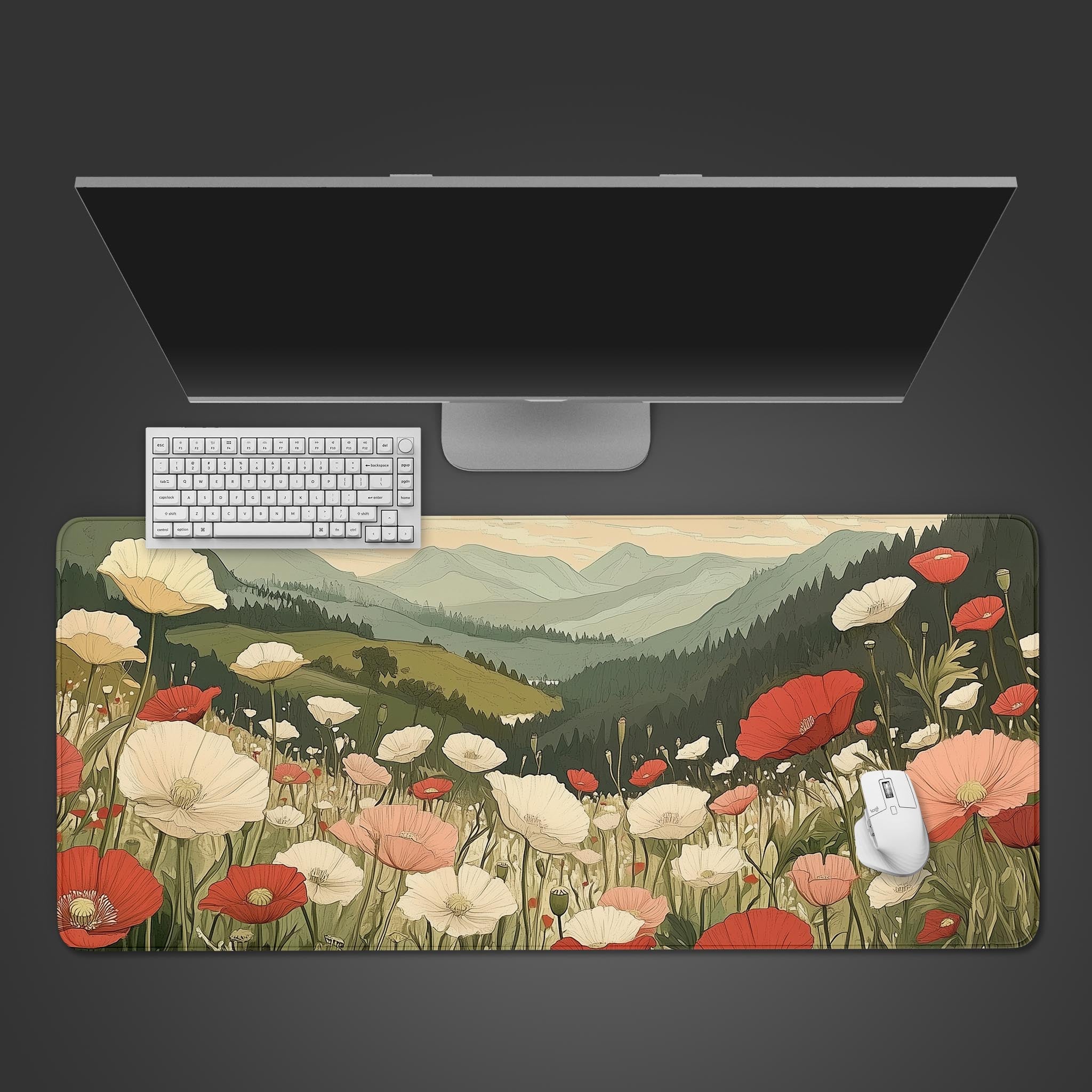 Poppy wildflower landscape Desk Mat extra large, XXL Green nature Gaming mousepad LED setup, floral Ergonomic mousepad wrist rest desk pad