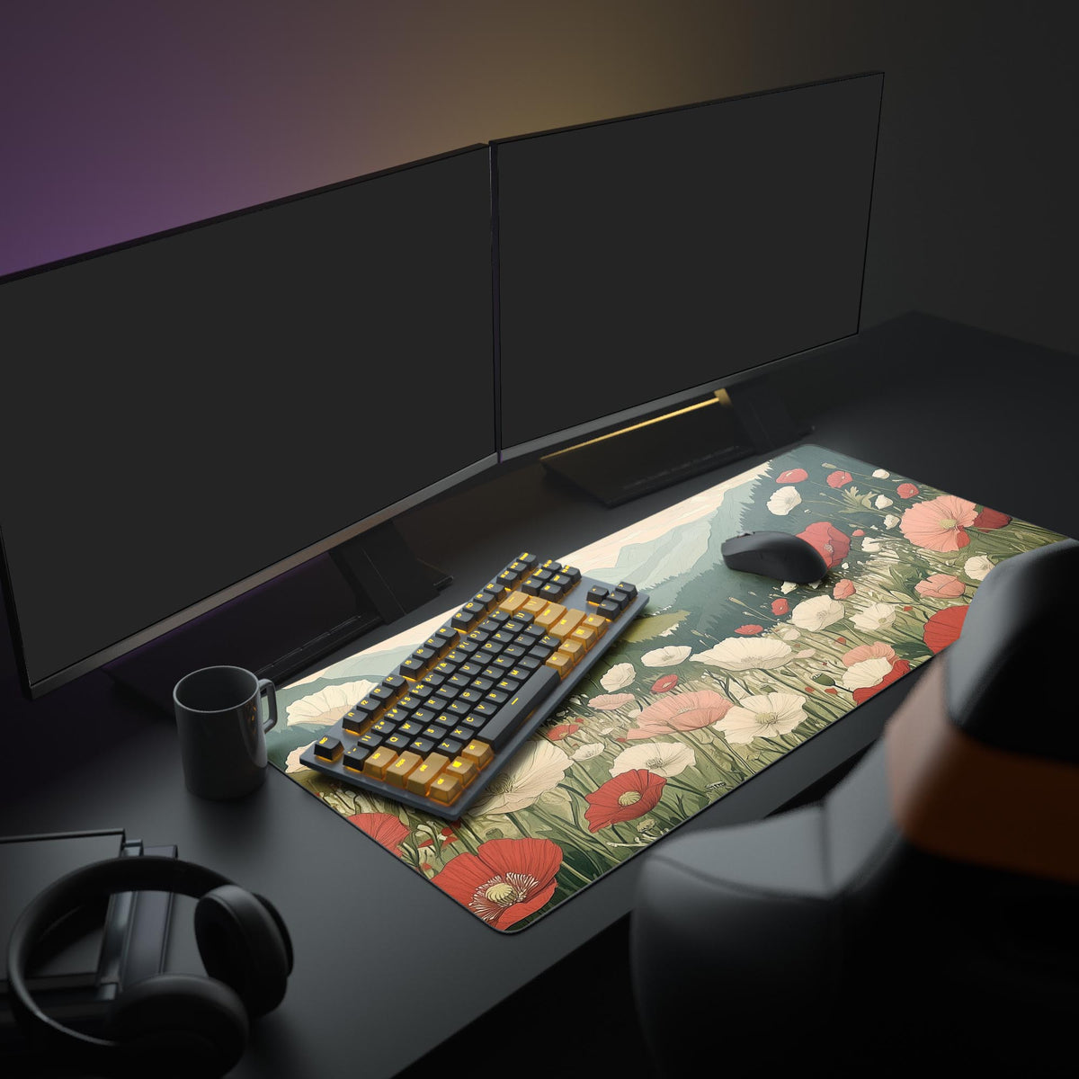 Poppy Wildflower Landscape Desk Pad in a dark gaming setup with a mechanical keyboard, a mouse and headphones